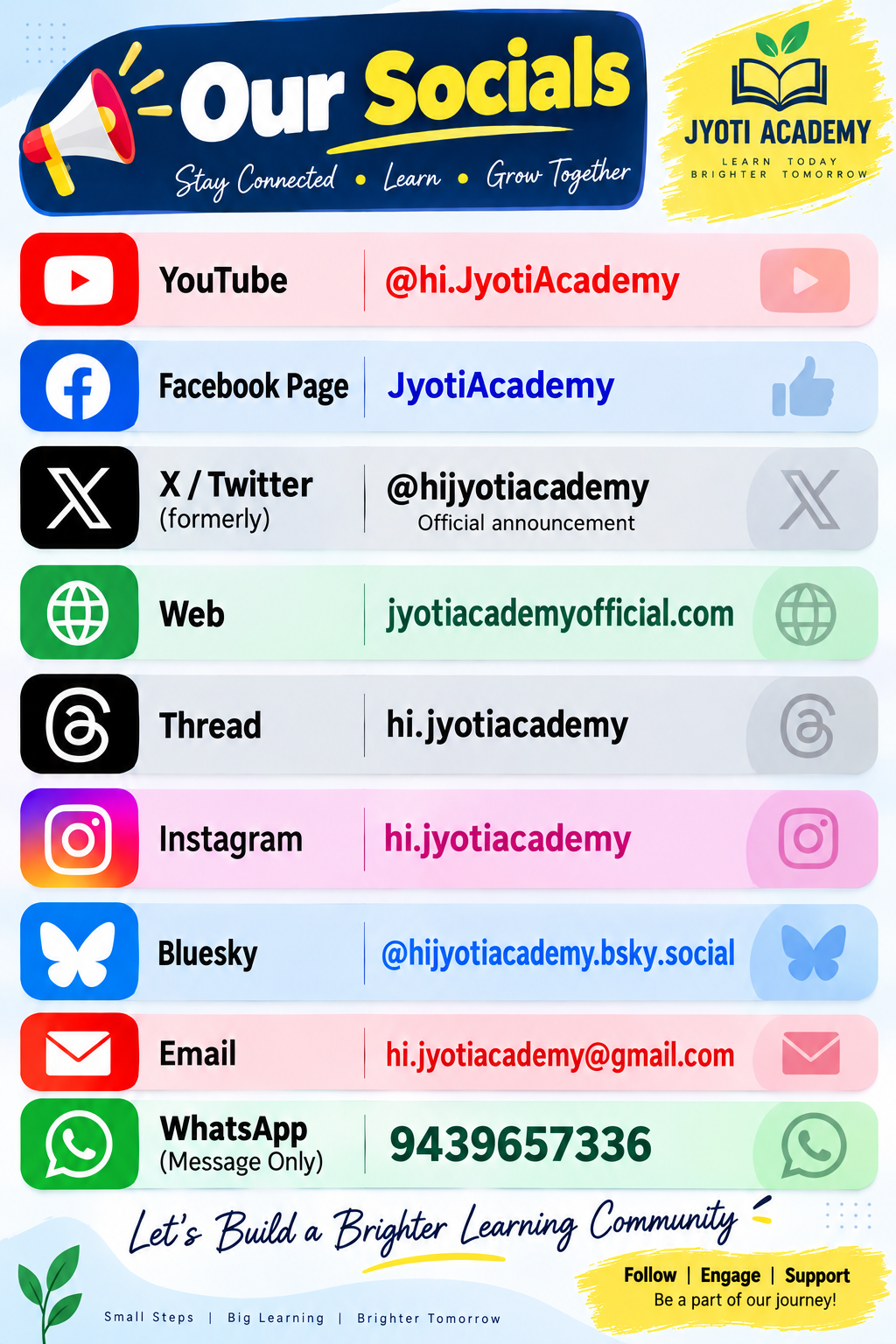 Jyoti Academy socials — YouTube, Facebook, X, Web, Threads, Instagram, Bluesky, Email and WhatsApp usernames